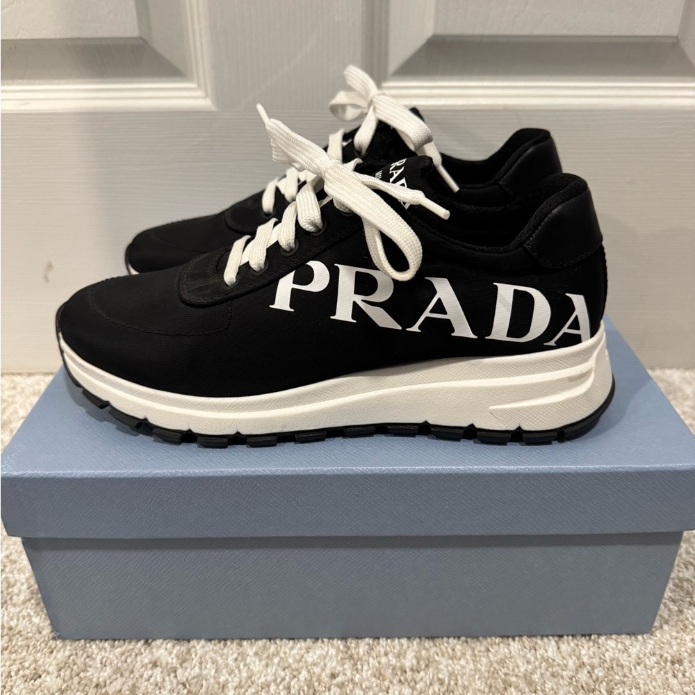 NIB Authentic Prada Black Logo Low-Top Sneakers Size 37